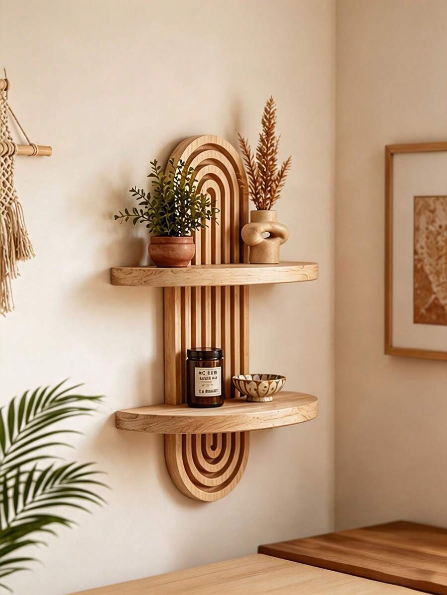 1pc Bohemian Style Double-Layer Arched Wall Hanging Shelf, Suitable For Living Room, Bedroom And Bathroom Decoration, Perfect For Placing Flower Pots, Candles And Decorative Items - Multicolor - View 1