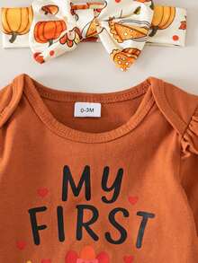 2pcs Baby Girl Cute Turkey Pattern Long Sleeve Bodysuit, Shorts, Socks, Headband Set, Thin Spring/Autumn Holiday - Mocha Brown - View 5