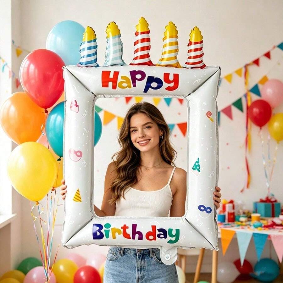 بالون فويل إطار صورة عيد ميلاد بموضوع الأميرة مقاس 28 بوصة، تصميم شموع باللون الوردي والأزرق والأبيض والأسود، إطار صورة سيلفي، ديكورات حفلة عيد ميلاد ونزهة، إكسسوار كشك الصور وزينة لتنسيق المشهد لجميع مناسبات الاحتفال - متعدد الألوان - مشاهدة 1