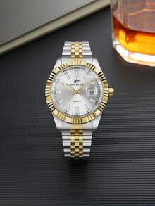 RICECGO 1pc Men's Fashion Steel Band Business Quartz Watch With Calendar, Holiday Gift, Adjustable Strap - Silver and Gold - View 4