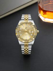 RICECGO 1pc Men's Fashion Steel Band Business Quartz Watch With Calendar, Holiday Gift, Adjustable Strap - Silver and Gold - View 8