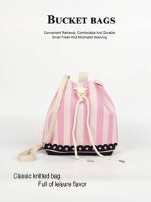 Striped Colorblock Jacquard Knit Drawstring Bucket Bag, Casual Minimalist Crossbody Bag With Multiple Pattern Options, Large Capacity To Store Phone, Umbrella, Cosmetics And Other Daily Essentials, Versatile For Daily Commute And Shopping - Multicolor - View 12