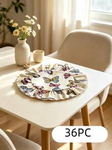 HXARTMIS 4/6/12/24/36PC Vintage Butterfly Print Round Scalloped Edge Placemats, Washable Heat-Resistant Table Mats, Suitable For Home, Party Decoration Dining Table Mats - Beige - View 6