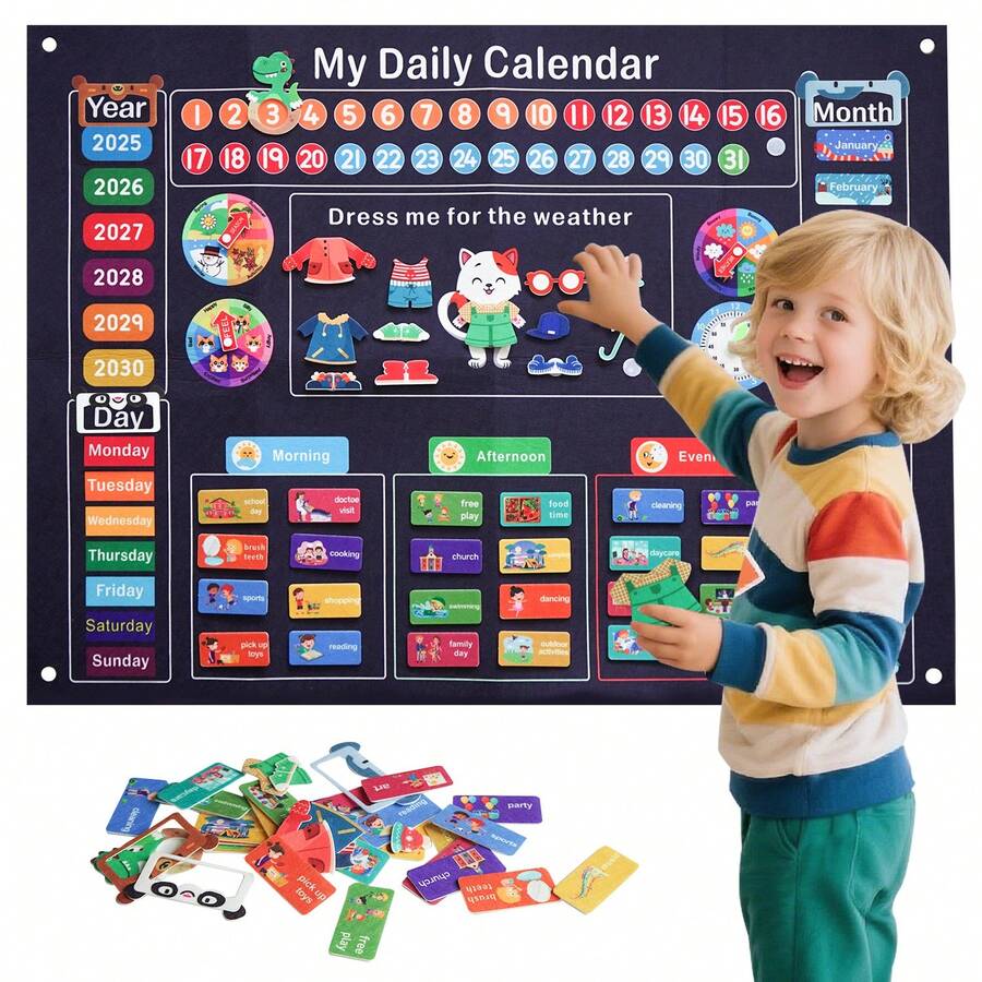 254件兒童天氣日曆 幼兒蒙特梭利玩具 毛氈板語言學習圖表 法蘭絨忙碌板教育玩具 男孩女孩生日禮物