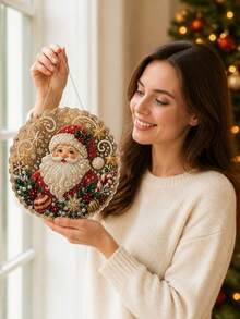 Christmas Pearl Diamond Painting Suncatcher Set, DIY Handmade | Pre-Assembled Metal Chain, Acrylic Round Plate With Lace Edge, 3D Mixed Size Pearl Beads, Holiday Window Wall Decoration - A - View 6