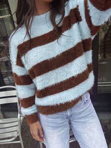 Women Fall Winter Sweater New Style -Basic Tops - CasualFashion Versatile -Colorful StripedContrast CollarLoose Long SleeveKnit Top - Going Out Tops - Multicolor - View 8