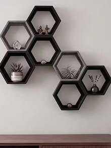1/3pcs Black Hexagon Floating Wall Shelves Mini Wall-Mounted Display Rack, Living Room/Bedroom Wall Storage Decoration, Black Geometric Wall Shelf, Small Green Plants & Perfume Display Storage Rack - Black - View 5