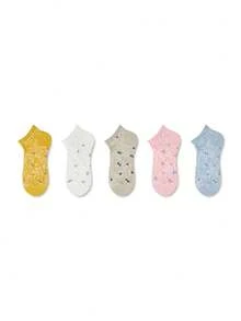 ZUJO 5 Pairs Women's Short Socks, Floral Print And Cable Knit Pattern, Simple And Comfortable, Suitable For All Seasons, French Country Style, Random Color - Multicolor - View 6