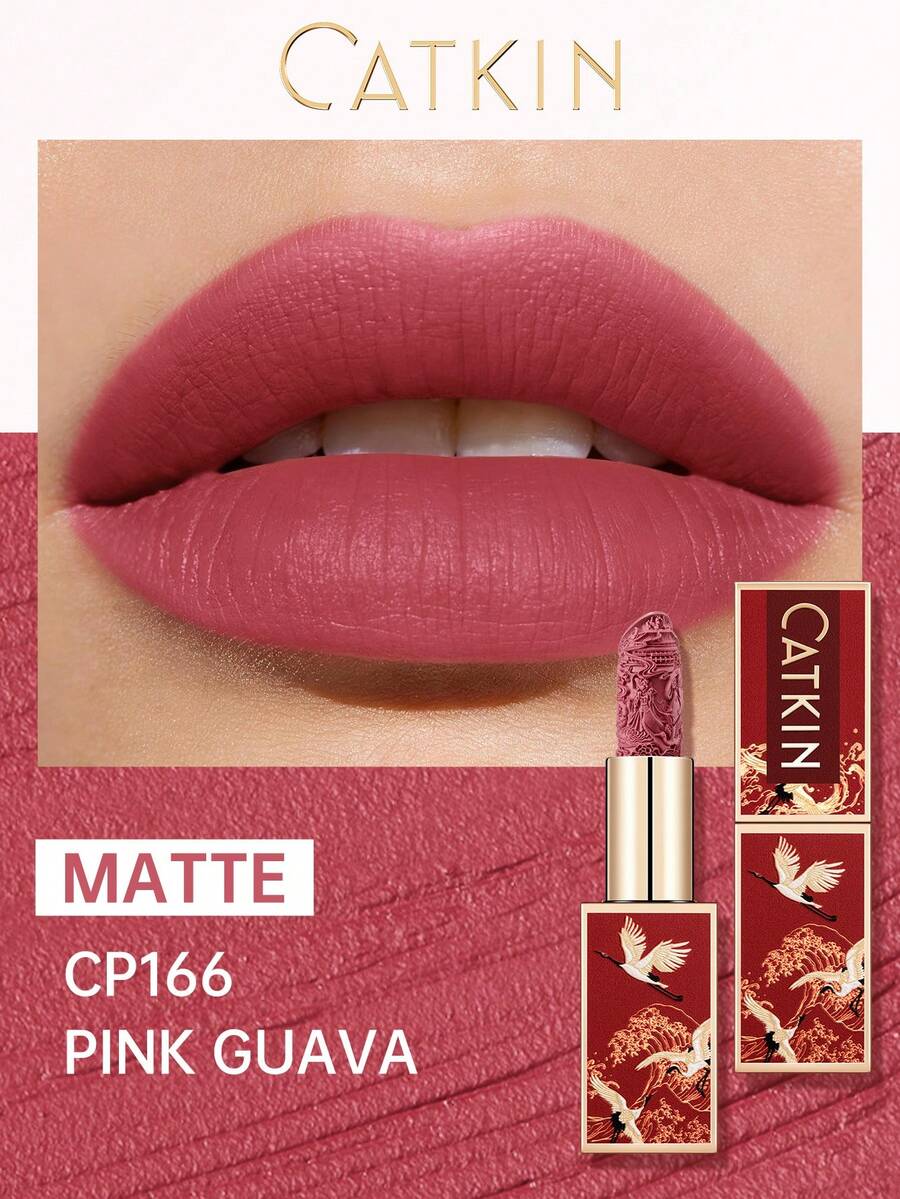 CATKIN Rouge Matte Engraved唇膏，防水持久缎面柔滑，CP166石榴粉色