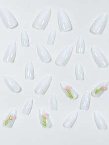 24pcs Cream White 3D Pink Floral Pastoral Minimalist Medium-Long Almond Pointed Press-On Fake Nails Nail Tips - Multicolor - View 4