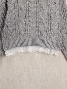 Cable Knit V-Neck Sweater With Lace Trim - Comfortable Loose Pullover For Autumn, Suitable For Casual Daily And Campus Style Fall - Grey - View 8