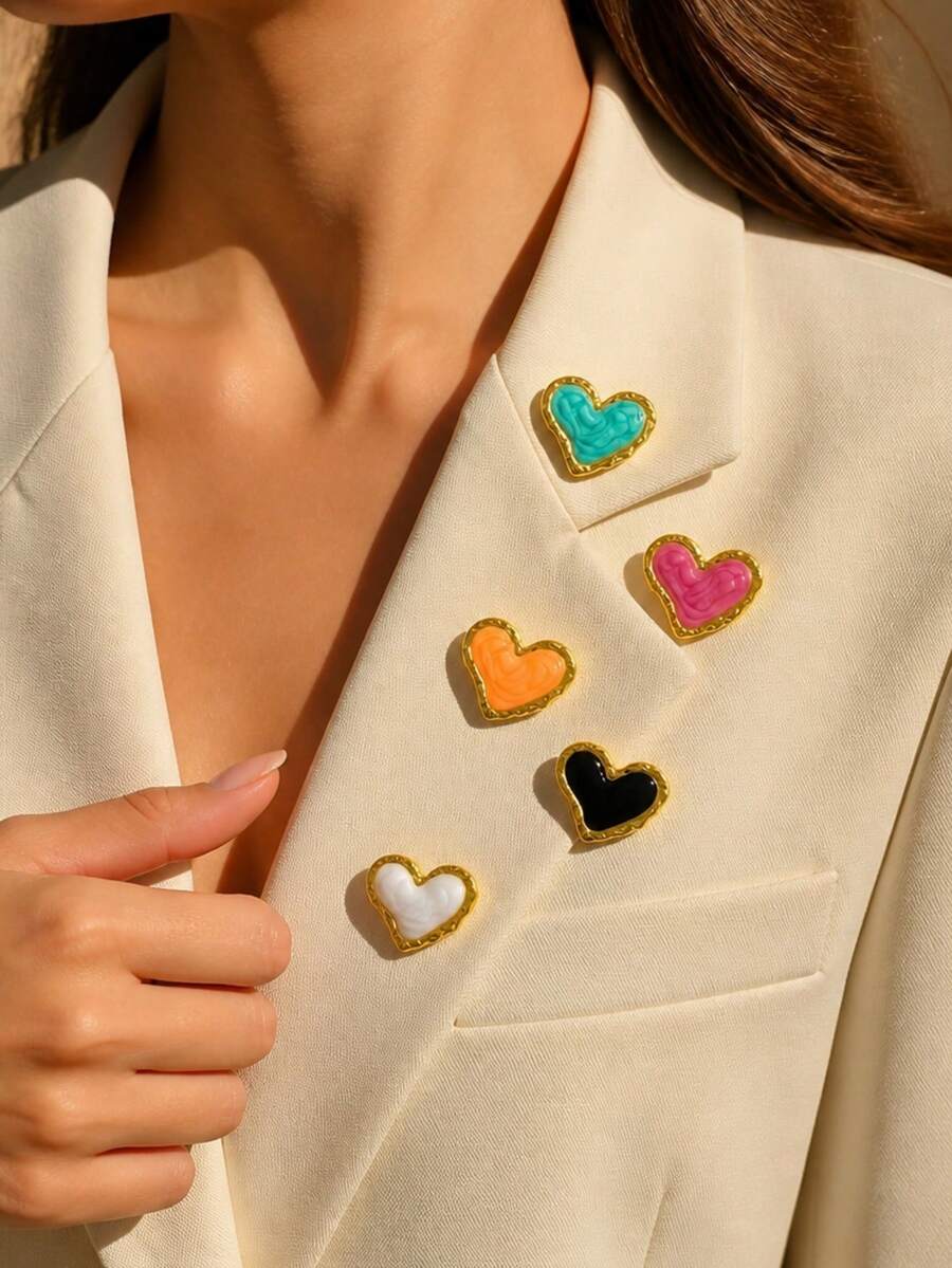 VceTd 1PC Romantic Heart Series Asymmetrical Heart Design Stainless Steel Brooch For Women, Suitable For Daily Wear, Dating Or Gift Giving - Golden - View 1