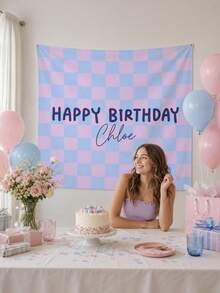 Customizable Name Plaid Happy Birthday Backdrop, Personalized Multi-Color Bohemian Style Birthday Wall Decor, Indoor/Outdoor Use, Birthday Party Cake Smash Background Decoration Photography Banner, Polyester Material - Type B - View 3