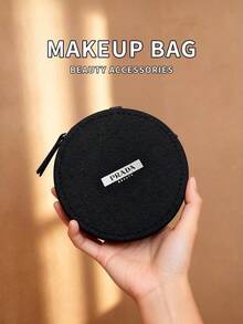 PRADA BEAUTY Black Saffiano Leather Round Jewelry Box, Brand Label Zipper Storage Bag, Portable Mini Makeup Accessory Organizer, Luxury Gift For Women PRADA‑GIFT‑3 - Black - View 4