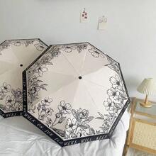 法式手繪花卉黑色乙烯基防紫外線折疊傘，戶外通用旅行便攜 - 手動款 - 查看 8