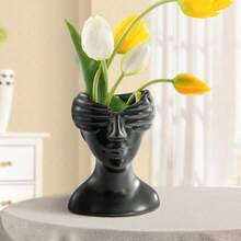 1pc Abstract Portrait Resin Vase, Black And White Blindfolded Sculpture Vase - Face Vase - View 5