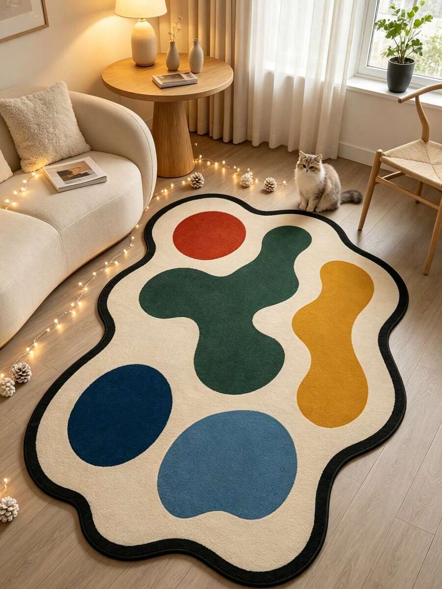 1pc White Background Colorful Block Decor Rug, Bedroom Decor, Small Rug, Carpet, Home Decor, Living Room Rug, Living Room Small Rug, Bedroom Rug, Living Room Home Decor, Outdoor Rug, Washable Rug, Graduation Gift - White Background - View 1