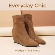 Women's Faux Suede Pointed Toe Wedge Ankle Boots, Elegant Back Zipper Elastic Ankle Boots, Minimalist Solid Color Autumn/Winter Boots - Khaki - View 1