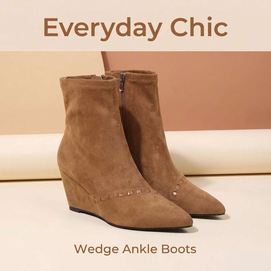 Women's Faux Suede Pointed Toe Wedge Ankle Boots, Elegant Back Zipper Elastic Ankle Boots, Minimalist Solid Color Autumn/Winter Boots - Khaki - View 1