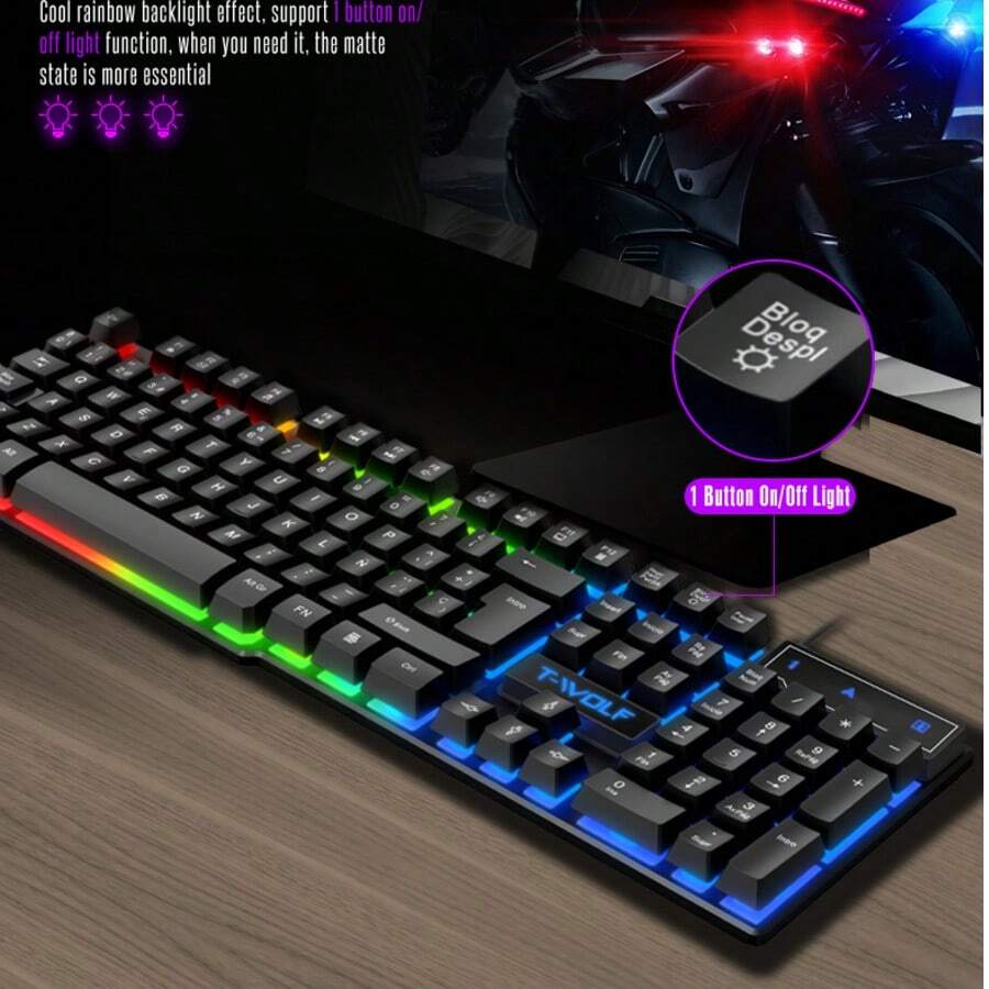 T-WOLF Keyboard Gaming Berkabel USB dengan Lampu Latar dan Tutup Tombol Mengambang, Nuansa Mekanik, Lampu LED, untuk PC - View 1