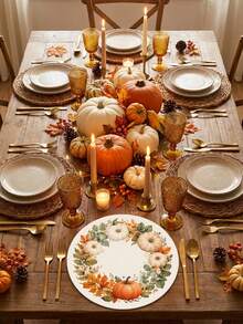 Runder Tischset mit weißem Kürbispflanzenkranz, orangefarbenem Kürbis und grünem Blattmuster im Herbststil, frischer Landhausstil, geeignet für Küchentisch, Esszimmer, Thanksgiving-Abendessen, Herbstparty und saisonale Heimdekoration - Verschiedenfarbig - Übersicht 10