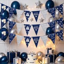 8/16/24 PCS Midnight Blue Star-Shaped Birthday Decorative Flag Set, Silver Sequin Triangular Flag, Featuring Birthday Cake And Balloon Patterns, Suitable For Male Birthday Party Wall Decoration Items - View 2