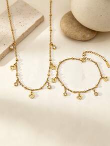 TONSI 1pc Fashionable Luxury Old Money Style Niche Exquisite High-End 18K Gold Plated Stainless Steel Geometric Pattern Hollow Pendant Four-Leaf Clover Zirconia Necklace Bracelet, Low-Allergy Versatile Collarbone Chain, Suitable For Women's Daily, Commute, Birthday, Party Wear, Gift For Friends And Lovers - Gold - View 4