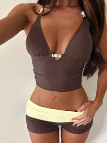 Women's Halter Tankini Swimwear Shorts Set, Suitable For World Cup, Casual Summer Vacation Beach Wear Brown - Brown - View 5
