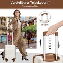 15-Zoll Kabinenkoffer 40x30x20 cm als Unter-dem-Sitz-Gepäck aus ABS/PC Hartschale, 4 abnehmbare innenliegende 360°-Räder mit 3-stelligem Schloss, leicht unisex für Solo-, Wochenend-, Städte- und Geschäftsreisen - Beige + Braun - Übersicht 5