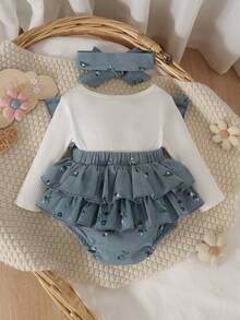 1pc Baby Girl Cute Sweet Comfortable Ribbed & Corduroy Patchwork Printed Romper With Headband, Thin Spring/Autumn Forest Style - Dusty Blue - View 2