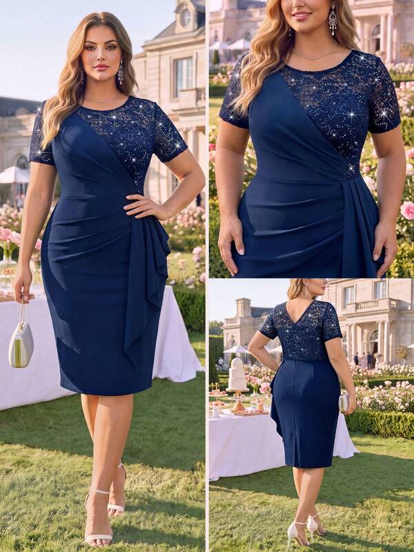 Plus Size Elegant Sequin Floral Lace Patchwork Ruffle Waist-Cinched Bodycon Cocktail Party Dress, Summer Dress, Wedding Guest Dress, Party Dress