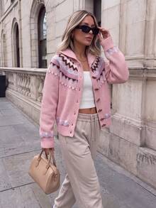 JIANHU Women's Pink Hooded Fair Isle Pattern Button-Up Cardigan, Suitable For New Year, Outdoor, Travel And Daily Wear - Pink - View 5