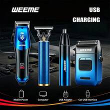 WEEME 4‑In‑1 Men Hair Cutting Kit, Cordless Hair Clippers T‑Blade Trimmer Foil Shaver Nose Trimmer, Rechargeable LCD Display Barber Grooming Set For Home & Travel,BLUE - Blue - View 7