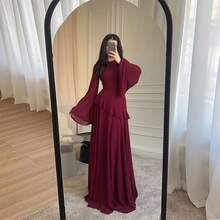 Women's Elegant Midi Red Dress With Asymmetrical Neck, Bell Sleeves, And Flounce Hem, Perfect For Formal Events And Fall Occasions. - 酒紅色 - 查看 9