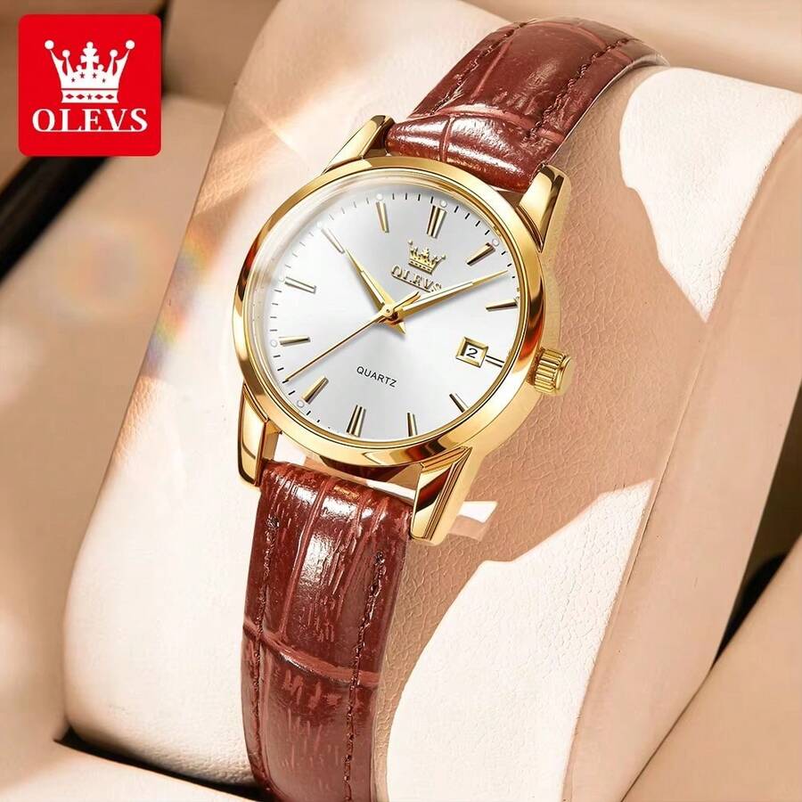 OLEVS Elegant Ladies Quartz Watch, Gold Round Date Dial, Retro Brown Leather Strap Minimalist Wristwatch For Daily & Holiday Gift