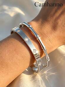 Camhanno 5pcs/2pcs Commuter Versatile Bracelet Set, Stainless Steel Multi-Style Combination, Exquisite Texture, Hypoallergenic, Hand Jewelry - Silver - View 3