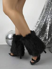 Autumn/Winter Niche Long Fur Ankle High Heel Sandals Boots Women Square Toe Single Strap Stiletto Heel Slimming Short Boots - Black - View 6