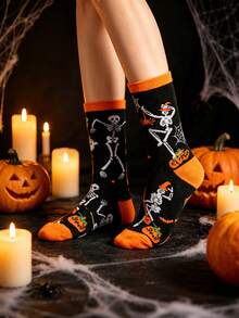Halloween 4 Pairs Novelty Crew Socks Spooky Ghost Dancing Skeleton Pumpkin Graphic Mid Length Holiday Party Dress Up Socks - Multicolor - View 3