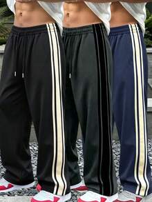 3pcs Celana Panjang Pria Motif Garis Samping Model Lurus Longgar Serbaguna untuk Beraktivitas Santai dan Jogging Musim Semi/Gugur - MultiWarna - View 1