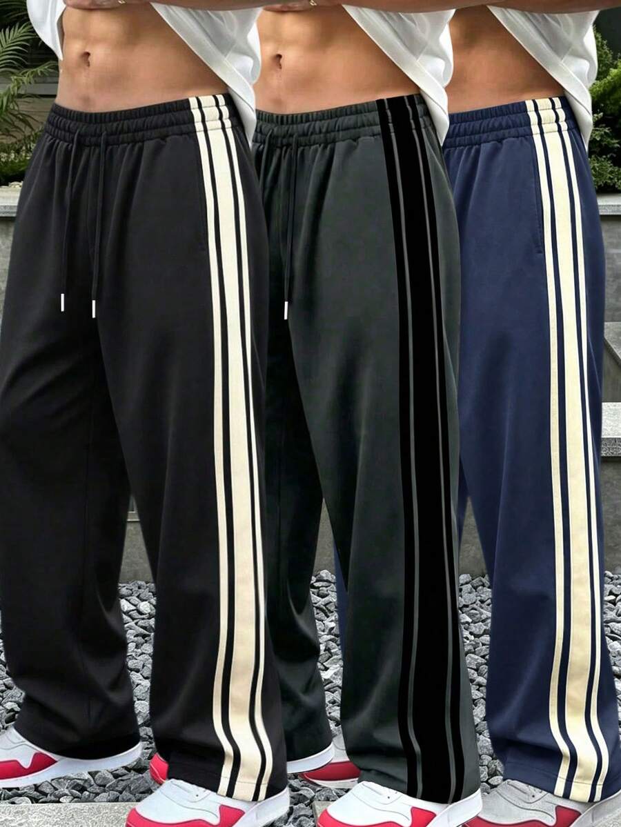 3pcs Celana Panjang Pria Motif Garis Samping Model Lurus Longgar Serbaguna untuk Beraktivitas Santai dan Jogging Musim Semi/Gugur - MultiWarna - View 1