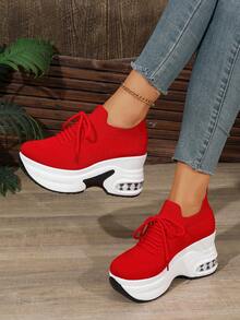 WTKMRSSTEP Spring/Summer New Women's Platform Lace-Up Casual Shoes, Breathable Commuter Versatile Shoes - Red - View 1