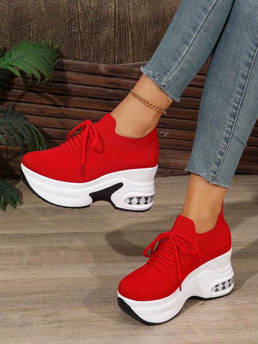 WTKMRSSTEP Spring/Summer New Women's Platform Lace-Up Casual Shoes, Breathable Commuter Versatile Shoes - Red - View 1