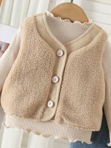 Baby Girl Autumn/Winter 3 Pieces Set, Plush Vest, Long Sleeve Base Layer, Denim Wide Leg Pants, Medium Thick, Cute Casual - Apricot - View 6