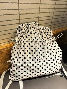 開學季韓系Ins風波點抽繩後背包，大容量可折疊女款後背包，適合大學生通勤、旅行、日常出行、購物、校園使用 - 白色 - 查看 2