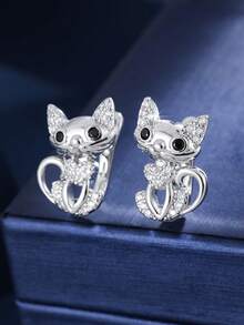 1 Pair Creative Cat Shaped Copper Material Zirconia Inlaid Women's Earrings, Daily Commute, Party, Gathering Accessories - Earrings - View 10