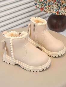 Off-White Girls' Boots, New Autumn/Winter Style, Contrast Color Shoe Opening, Side Zipper, Anti-Slip Thick Sole, Soft Surface, Children's Work Boots, Lace-Up, Wear-Resistant, Matte, British Style, Fashionable Versatile Daily Outdoor Boots - White - View 2