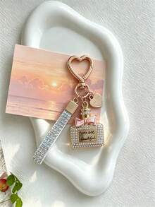 1pc High-End Rhinestone Perfume Bottle Keychain, Exquisite Cute Bag Pendant, Bowknot Best Friend Style - Multicolor - View 3