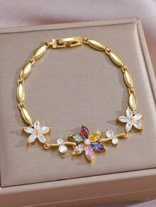 1pc Luxury Colorful Floral Copper Zirconia Bracelet, Suitable For Women's Daily Wear, Dating And Party - Flower Bracelet - View 1