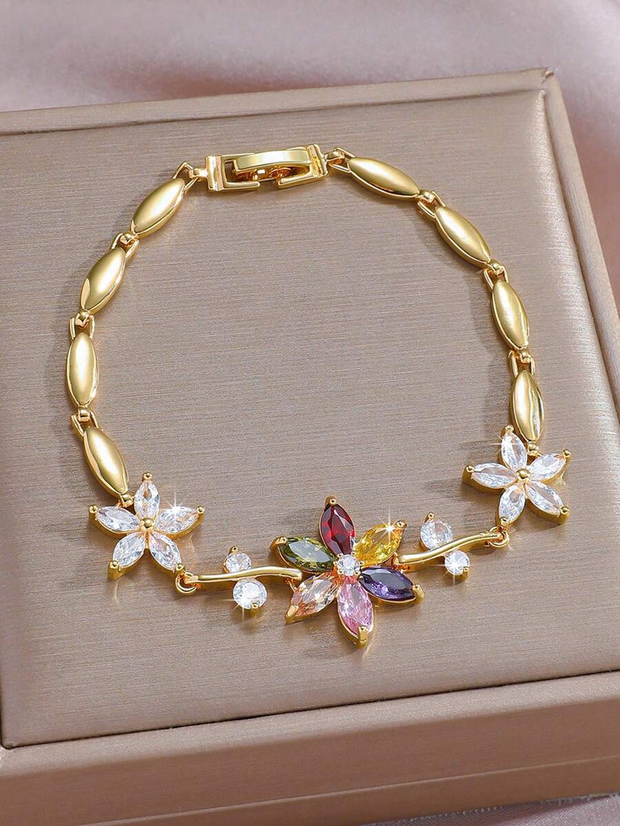 1pc Luxury Colorful Floral Copper Zirconia Bracelet, Suitable For Women's Daily Wear, Dating And Party - Flower Bracelet - View 1