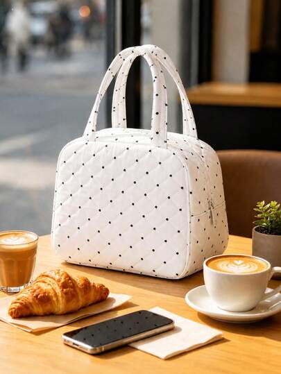 New Quilted Polka Dot Print Handheld Lunch Bag, Outdoor Picnic Storage Bag, Makeup Bag, Toiletry Bag, Travel Organizer Bag, School Lunch Bag, Lightweight Portable Handheld Travel Makeup Storage Bag, Toiletry Bag, Women's Small Handbag, Non-Food Contact, Daily Storage Bag, Outdoor Travel Luggage Storage Bag, Yoga Fitness Bag, Travel Luggage Organizer Bag, Portable Compact Style, Floral Print Decoration, Top Handle Makeup Bag, Minimalist Casual Large Capacity Commuter Bag, Fashion Polka Dot Shoulder Bag